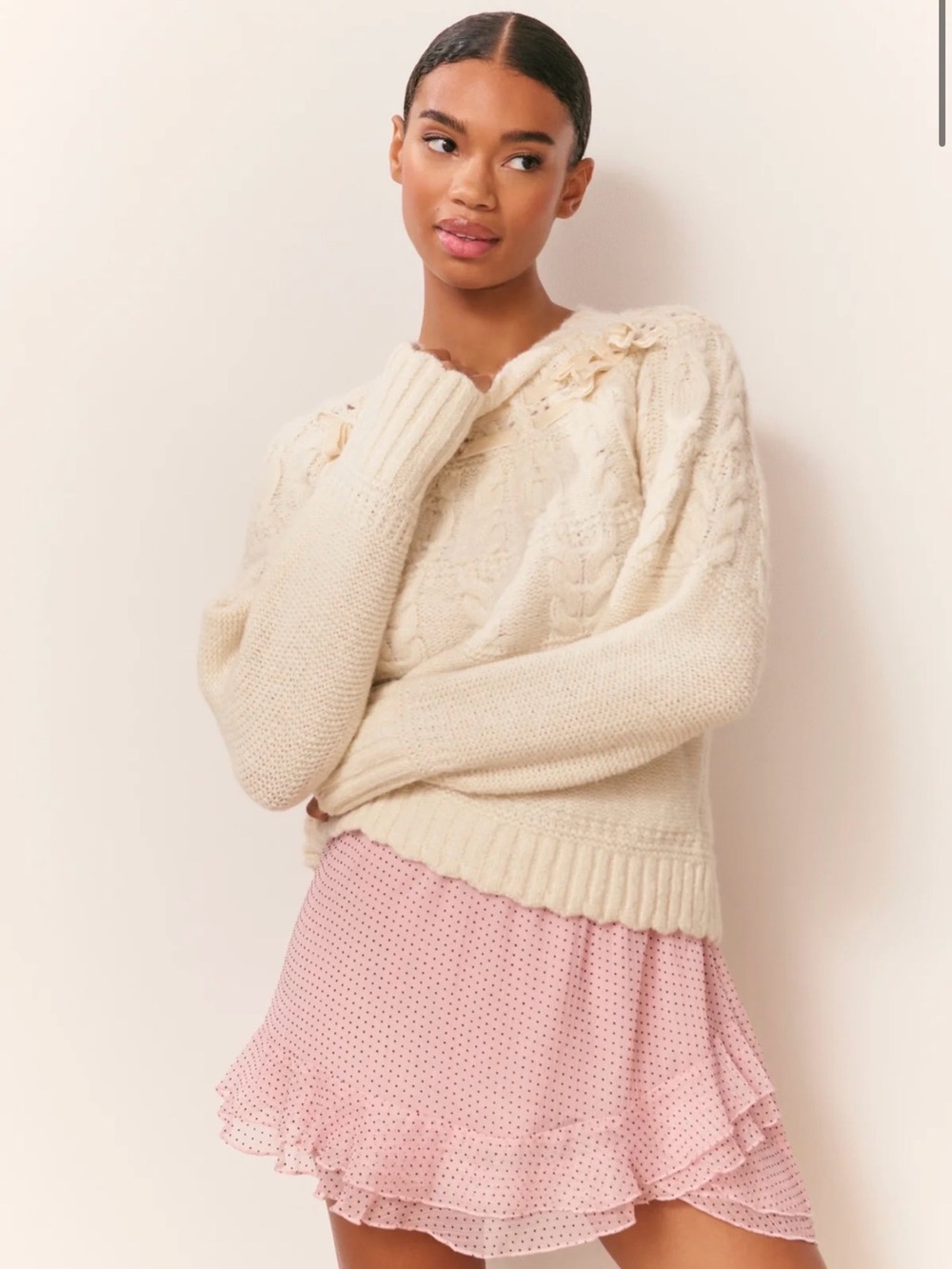 LoveShackFancy Sloanna Cream Cable-Knit Bow-Neck Sweater